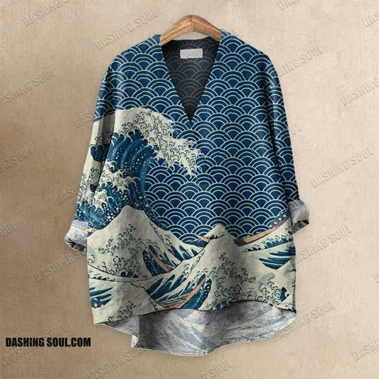 The Great Wave Off Kanagawa Inspired Japanese Art Print Casual V-neck Blouse