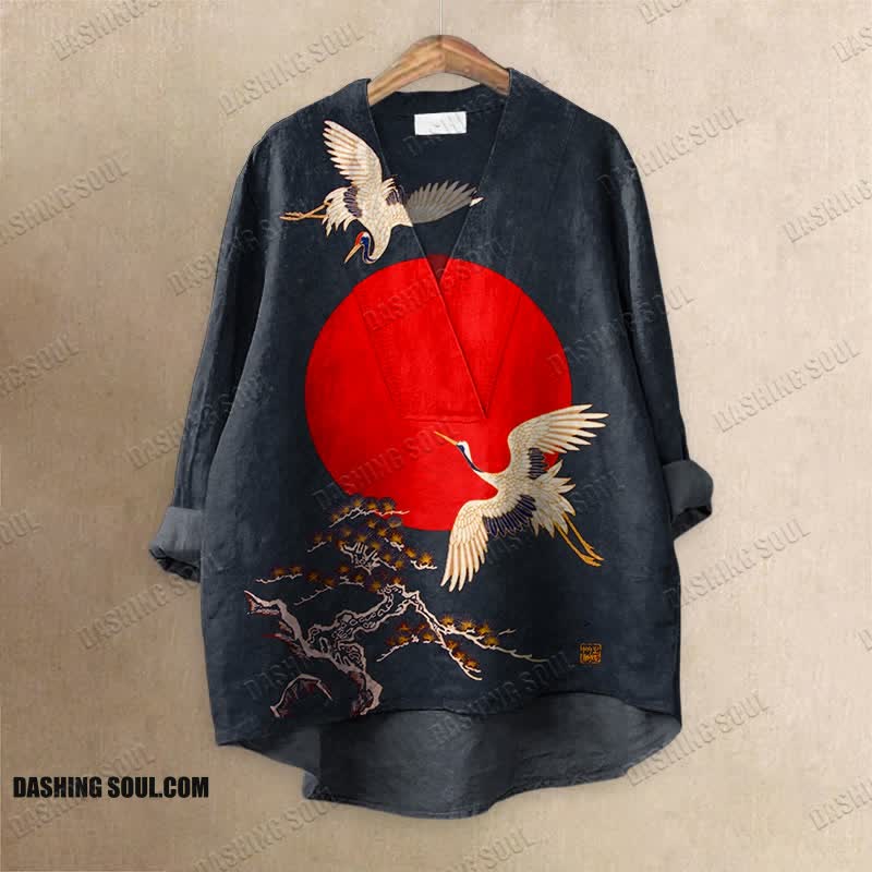 Cranes & Sunrise Japanese Art Vintage Printed Casual V-neck Blouse