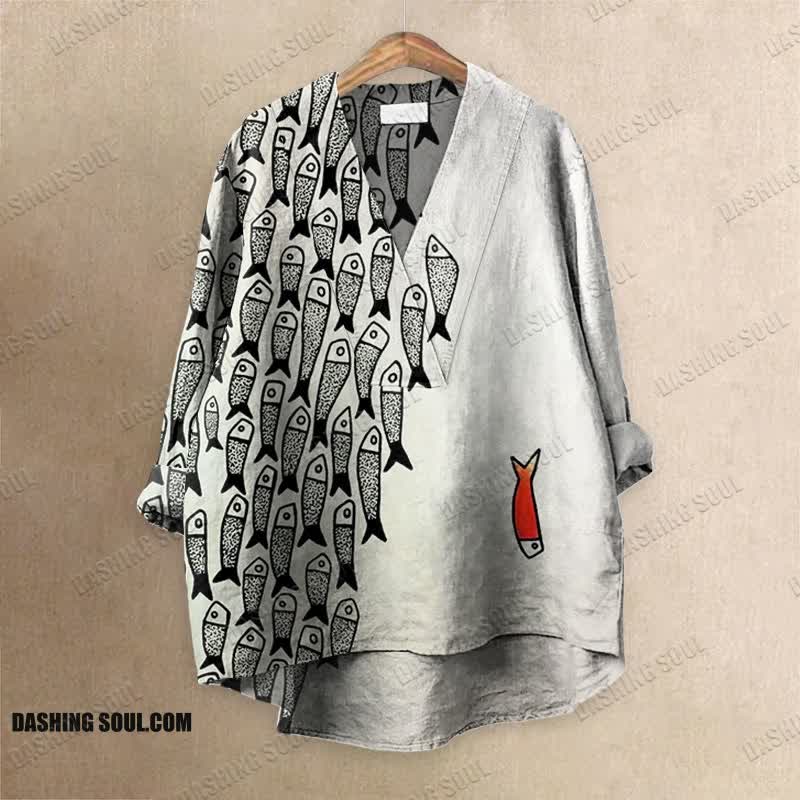 Cute Simple Lines Abstract Geometric Fish Art Printed Casual V-neck Blouse