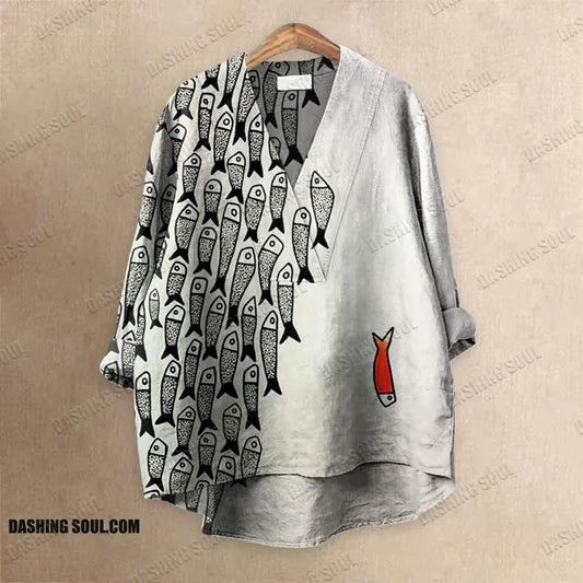 Cute Simple Lines Abstract Geometric Fish Art Printed Casual V-neck Blouse