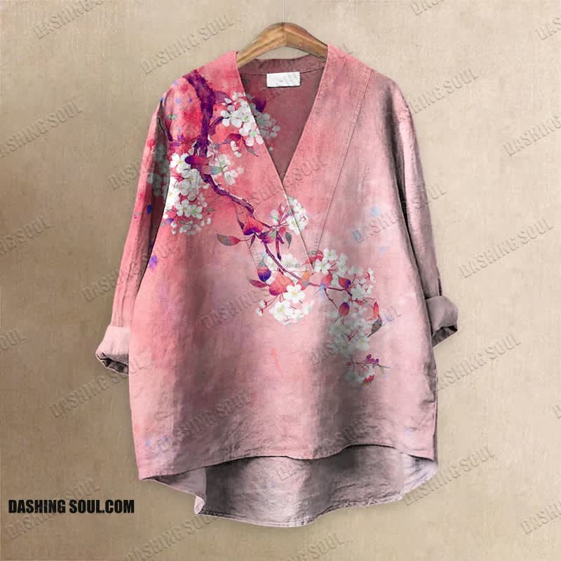 Japanese Antique Pear Blossom Ink Painting Printed Casual V-neck Blouse