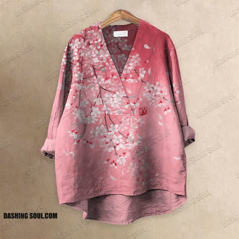 Cherry Blossom Full Moon Japanese Art Printed Casual V-neck Blouse