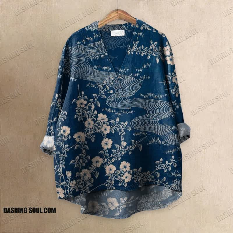 Antique Japanese Style Floral Art Printed Casual V-neck Blouse
