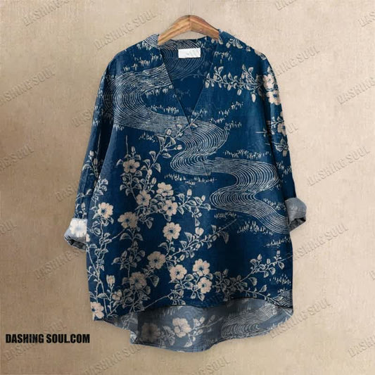 Antique Japanese Style Floral Art Printed Casual V-neck Blouse