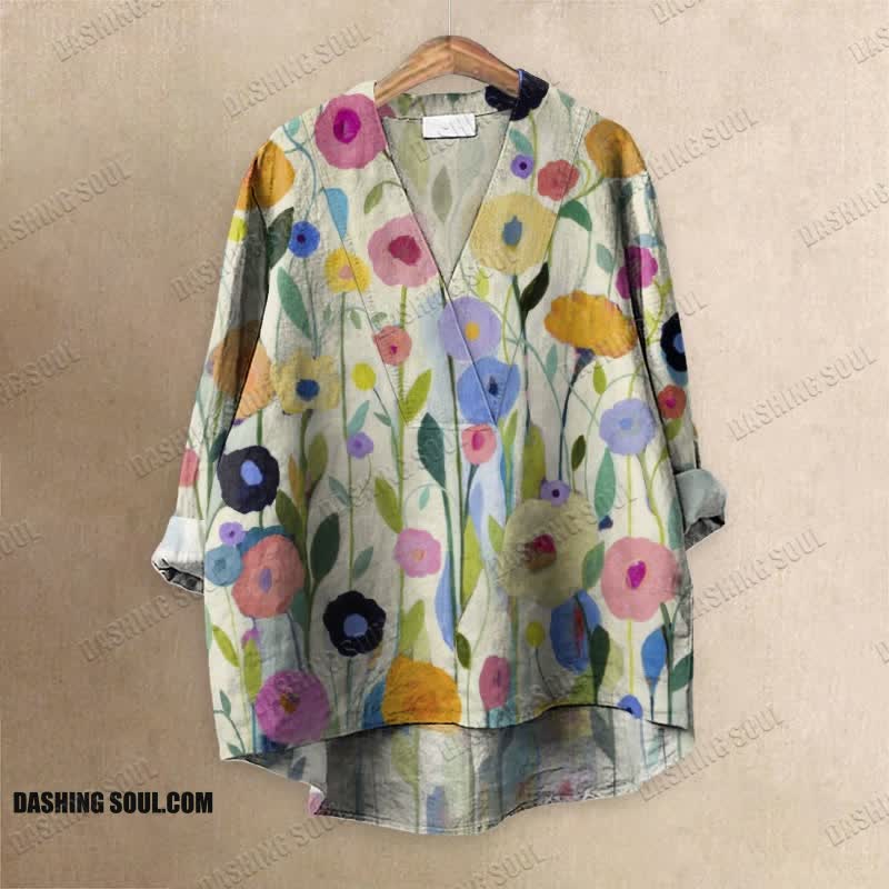 Oil Painting Spring Field Art Printed Casual V-neck Blouse