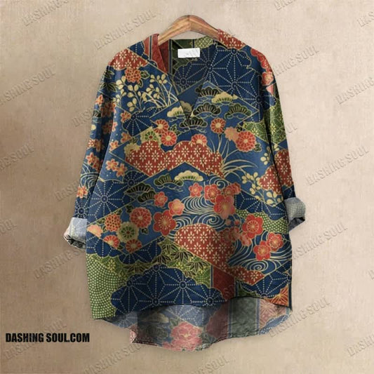 Retro Japanese Traditional Pattern Patchwork Art Printed Casual V-neck Blouse