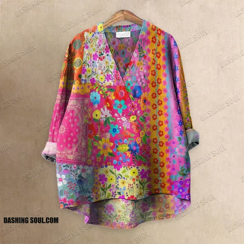 Bohemian Patchwork Cute Flower Printed Casual V-neck Blouse
