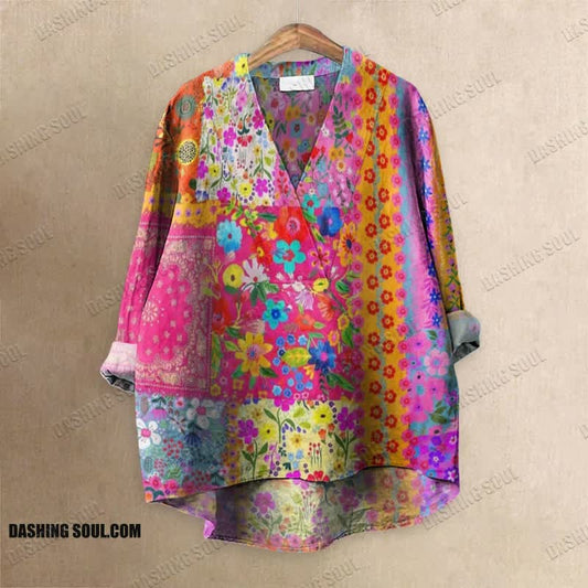 Bohemian Patchwork Cute Flower Printed Casual V-neck Blouse