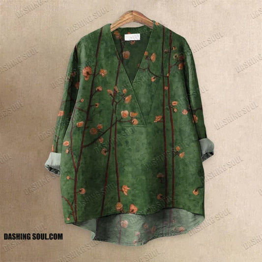 Women's Flower Vintage Printed Casual V-neck Blouse