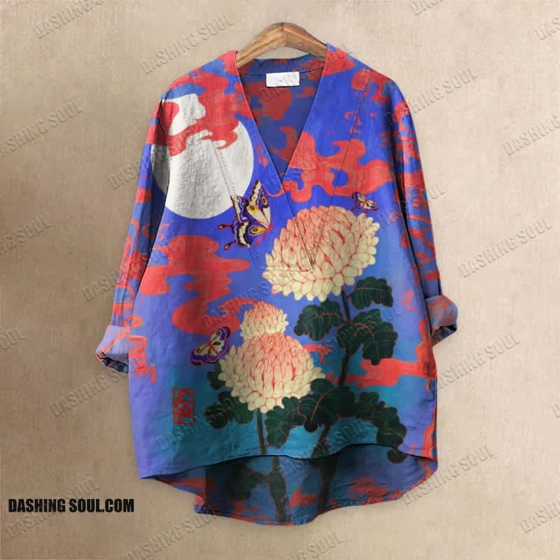 Japanese Chrysanthemum Butterfly Printed Casual V-neck Blouse