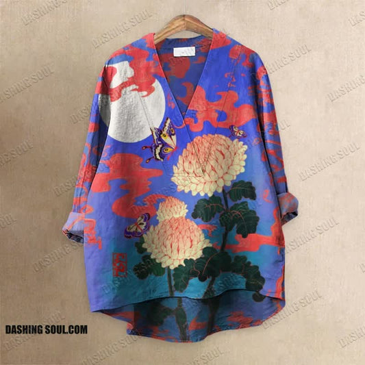 Japanese Chrysanthemum Butterfly Printed Casual V-neck Blouse