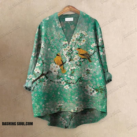 Cherry Blossom And Bird Art Printed Casual V-neck Blouse