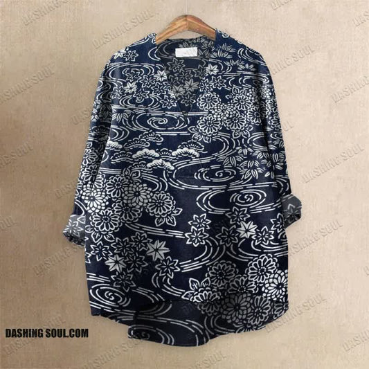 Retro Japanese Traditional Chrysanthemum Pine Tree Printed Casual V-neck Blouse