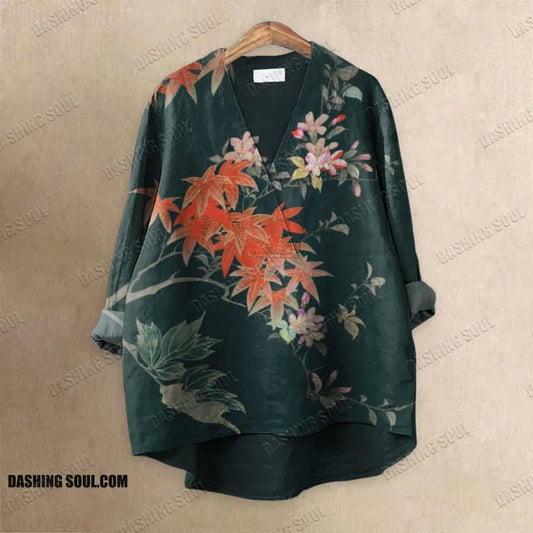 Vintage Maple Leaf Floral Art Printed Casual V-neck Blouse