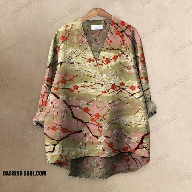 Retro Traditional Plum Blossom Colorblock Art Printed Casual V-neck Blouse
