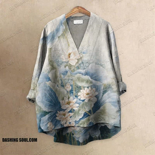 Vintage Lotus Art Printed Casual V-neck Blouse