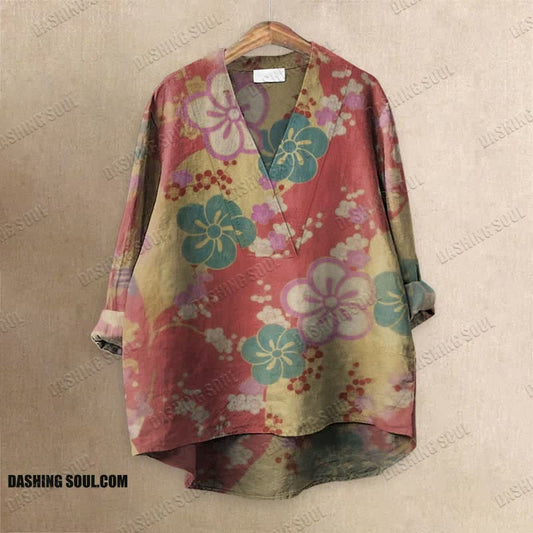 Retro Japanese Traditional Color Matching Cherry Blossom Art Printed Casual V-neck Blouse