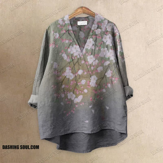 Retro Japanese Art Ombre Floral Printed Casual V-neck Blouse