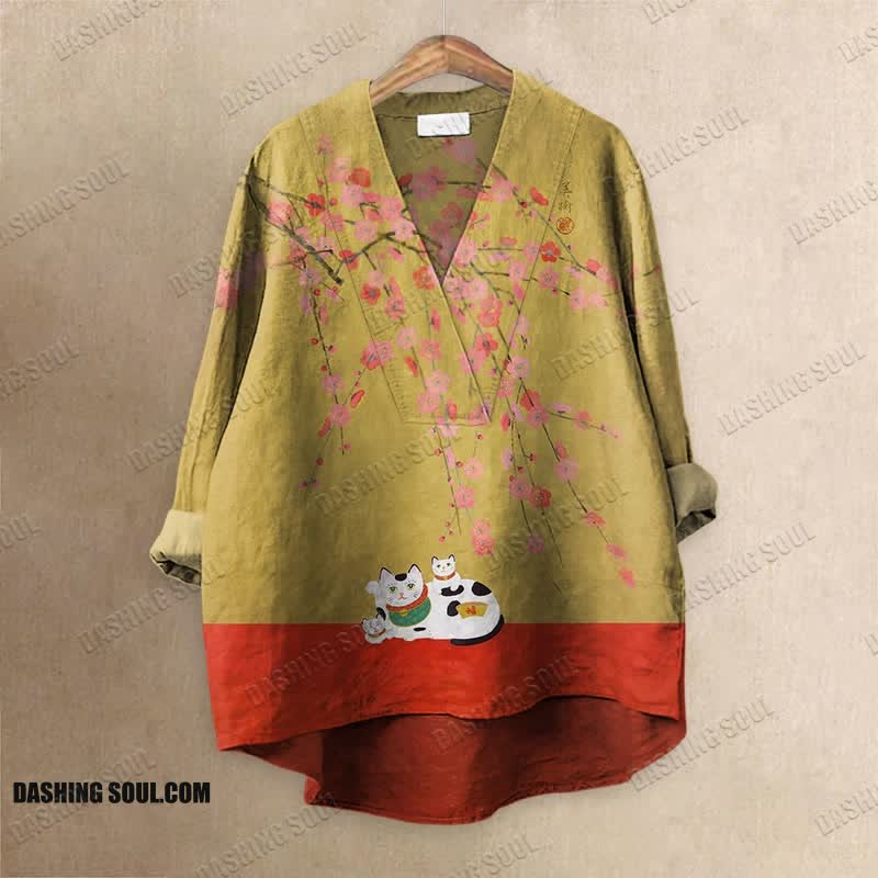 Retro Japanese Art Colorblock Lucky Cat Floral Printed Casual V-neck Blouse