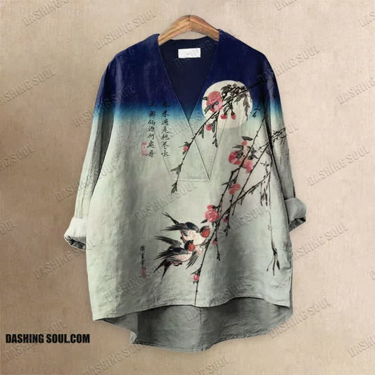 Retro Japanese Art Bird Peach Blossom Color Block Printed Casual V-neck Blouse