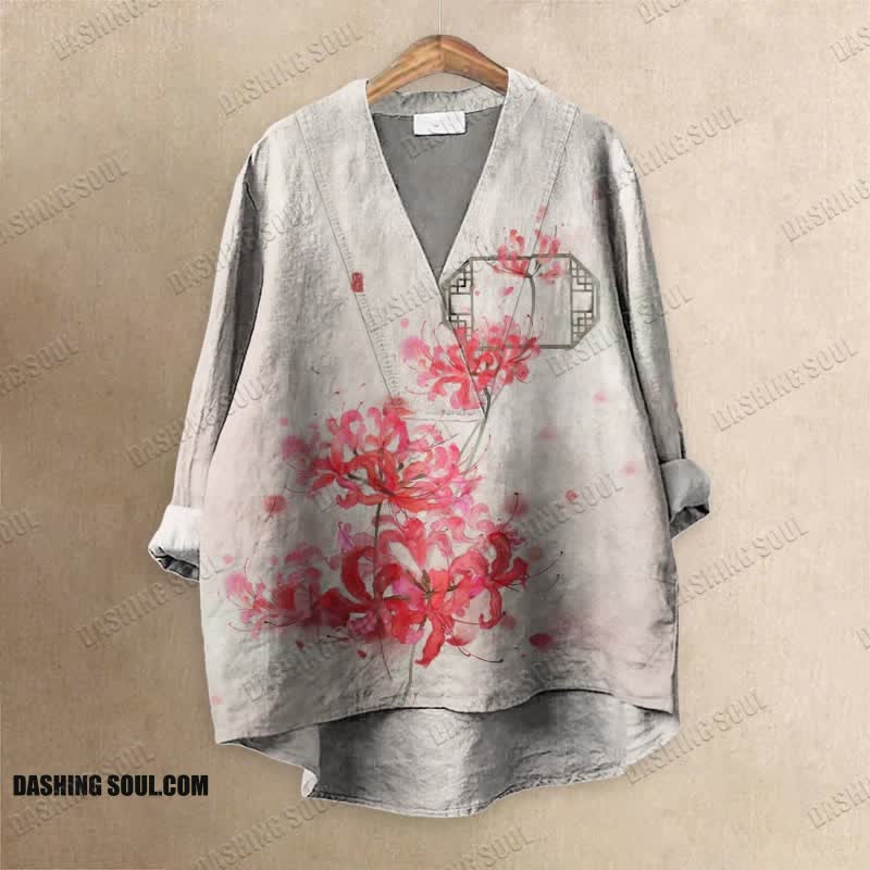 Japanese Higan Flower Ink Painting Printed Casual V-neck Blouse