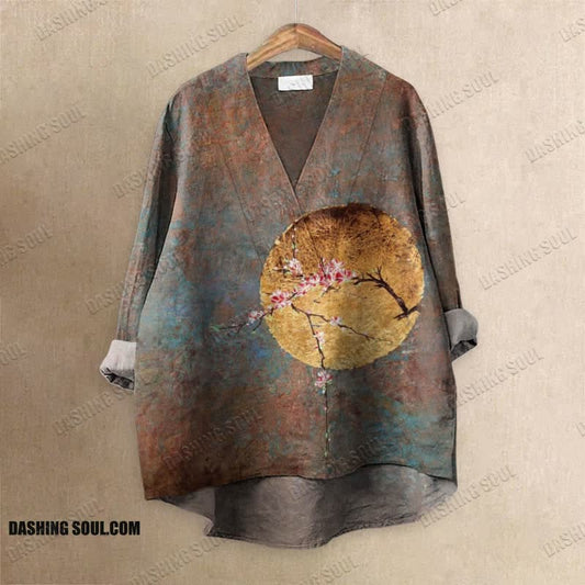 Japanese Antique Moon Plum Blossom Printed Casual V-neck Blouse