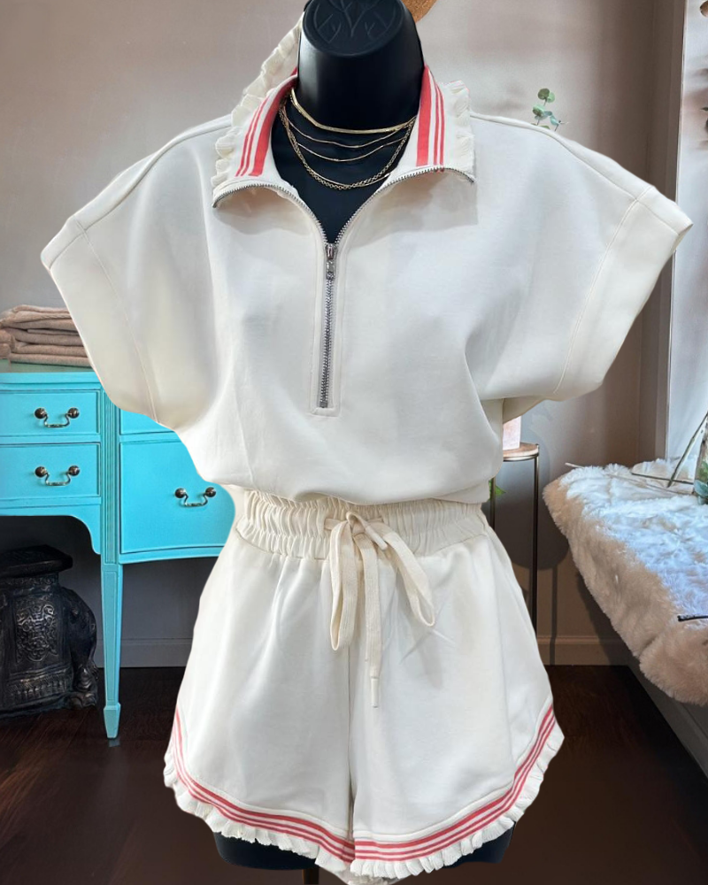 Trendy Stripe Trim Half-Zip Jumpsuit
