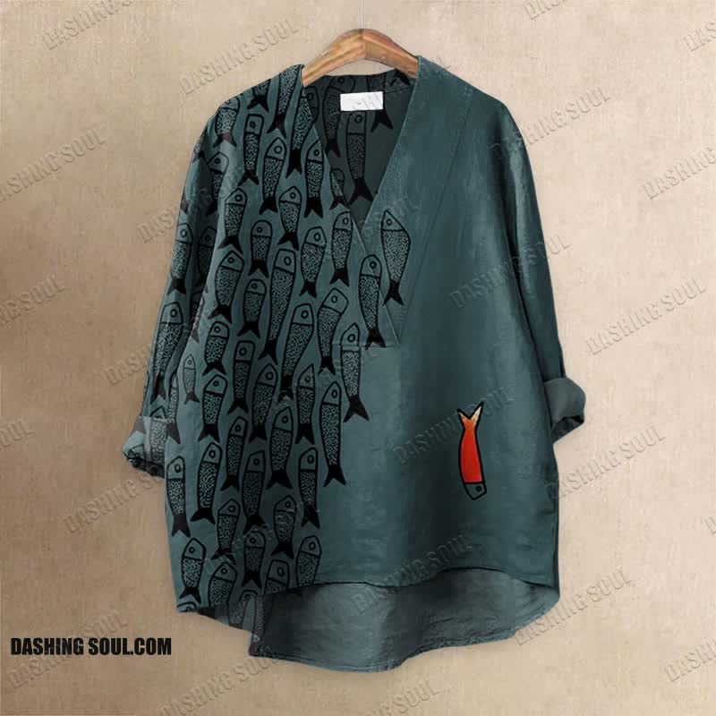 Cute Simple Lines Abstract Geometric Fish Art Printed Casual V-neck Blouse