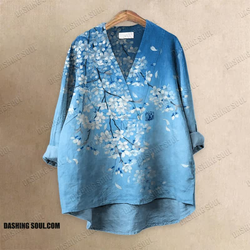 Cherry Blossom Full Moon Japanese Art Printed Casual V-neck Blouse