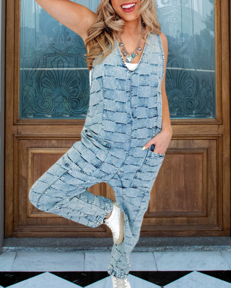 Check Washed Denim Jumpsuit
