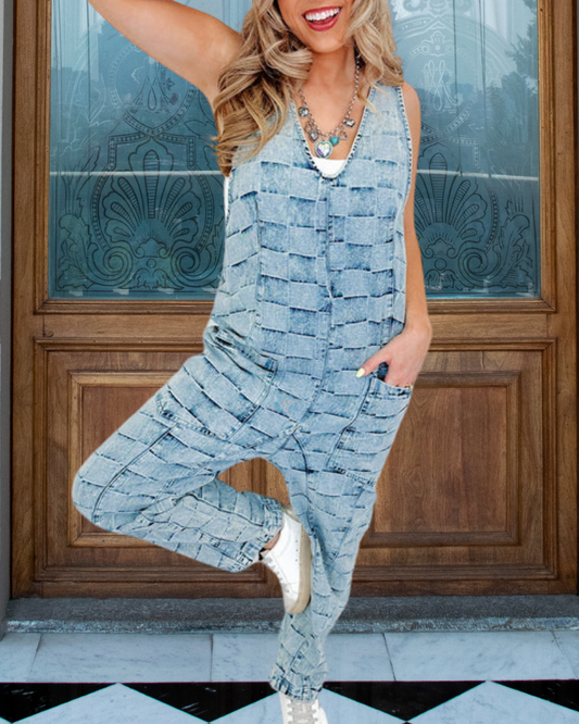 Check Washed Denim Jumpsuit