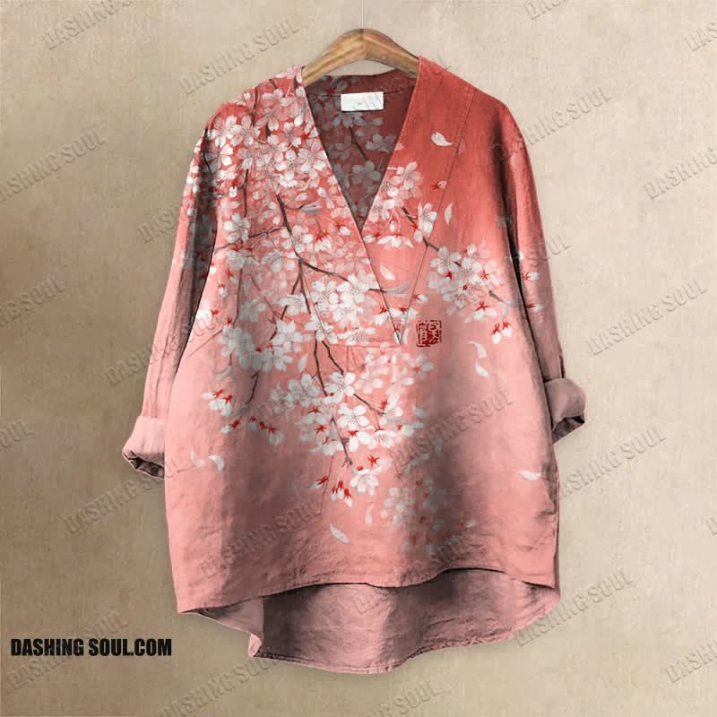 Cherry Blossom Full Moon Japanese Art Printed Casual V-neck Blouse