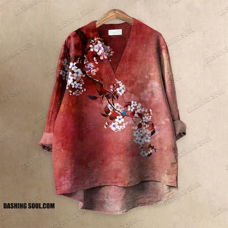 Japanese Antique Pear Blossom Ink Painting Printed Casual V-neck Blouse
