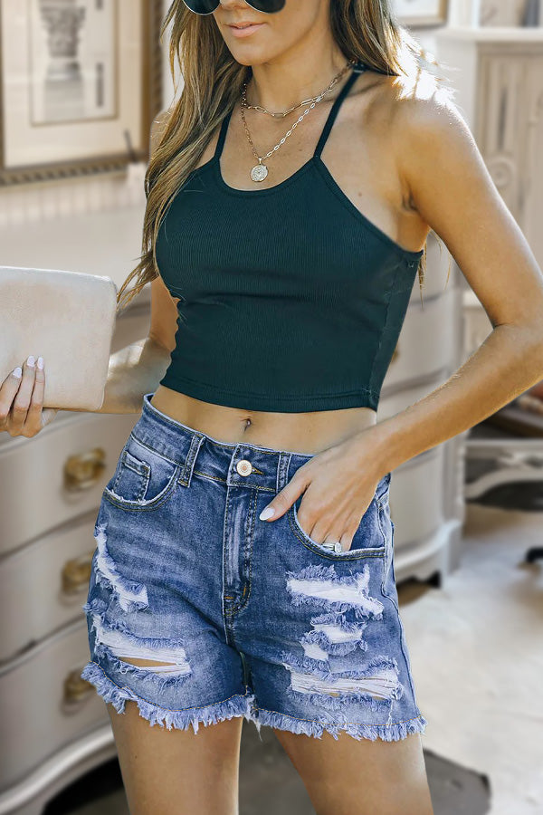 Denim Cut Out Frayed Hem Shorts