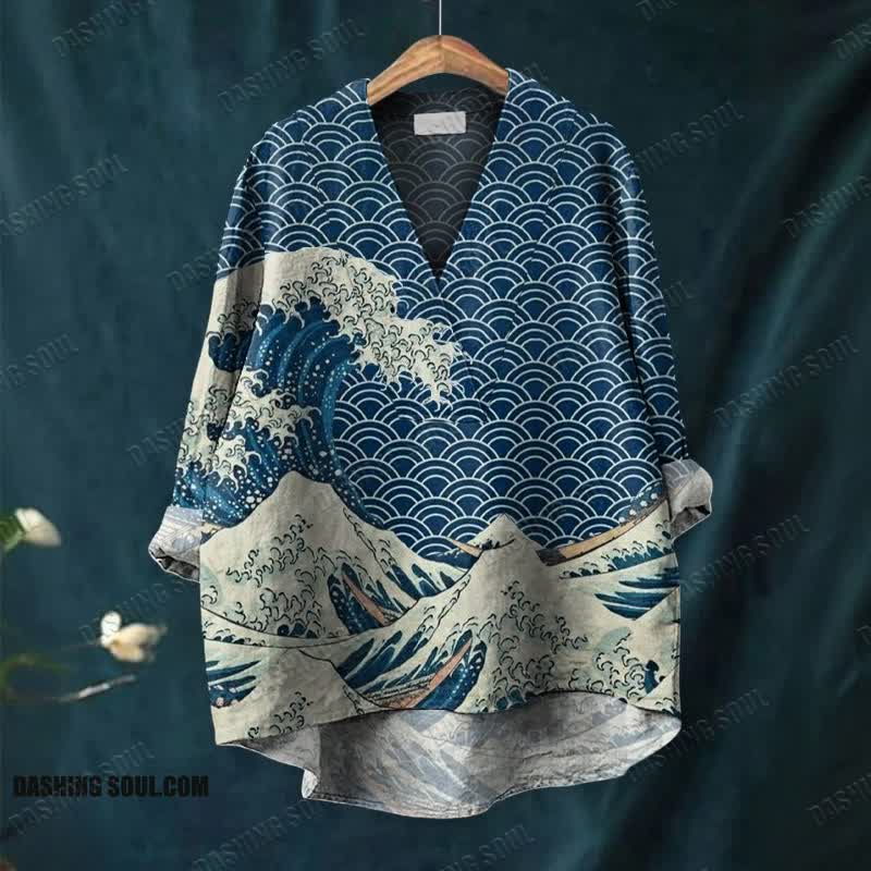 The Great Wave Off Kanagawa Inspired Japanese Art Print Casual V-neck Blouse