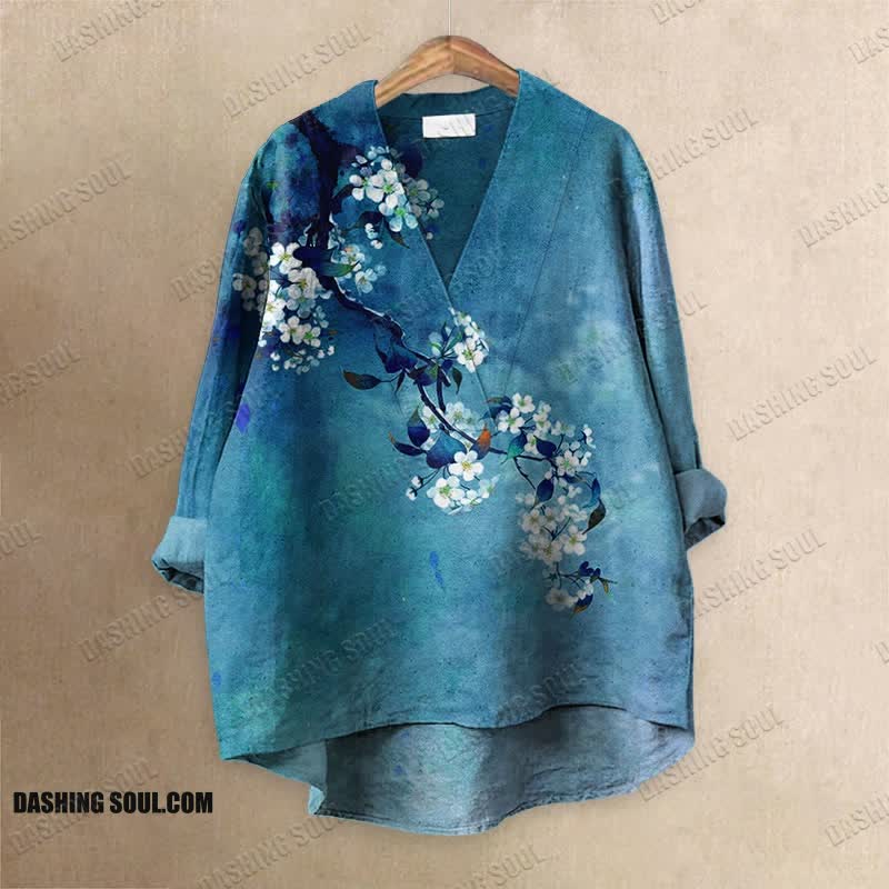 Japanese Antique Pear Blossom Ink Painting Printed Casual V-neck Blouse