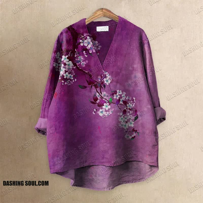 Japanese Antique Pear Blossom Ink Painting Printed Casual V-neck Blouse