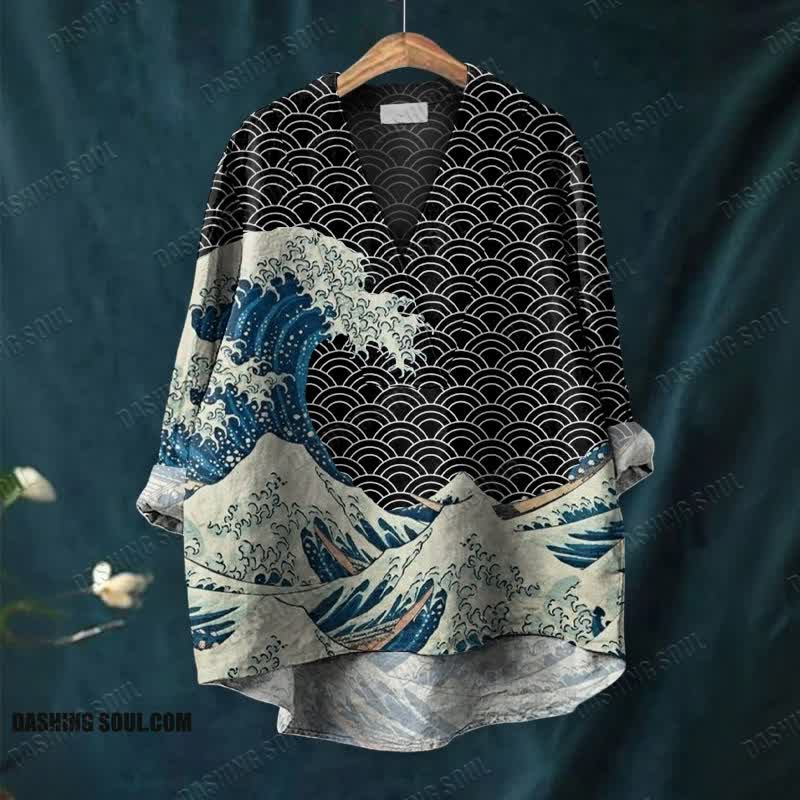The Great Wave Off Kanagawa Inspired Japanese Art Print Casual V-neck Blouse
