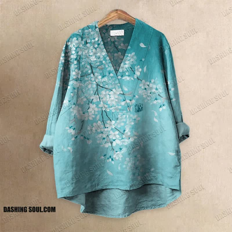 Cherry Blossom Full Moon Japanese Art Printed Casual V-neck Blouse