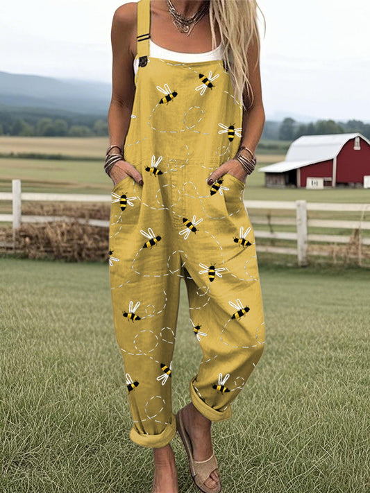 Women's Flying Bees Embroidery Pattern Casual Wide Leg Jumpsuit