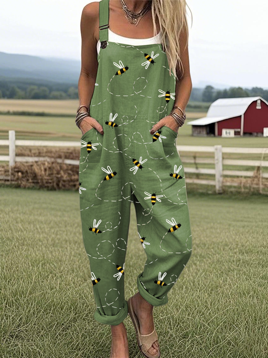 Women's Flying Bees Embroidery Pattern Casual Wide Leg Jumpsuit