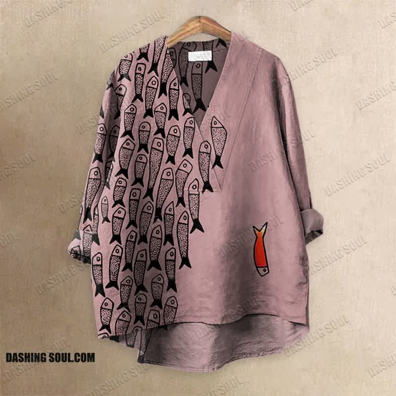 Cute Simple Lines Abstract Geometric Fish Art Printed Casual V-neck Blouse