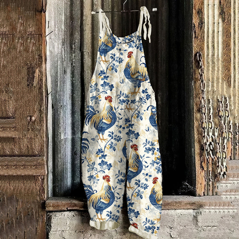 Retro Farm Chicken Leaf Print Sleeveless Jumpsuit