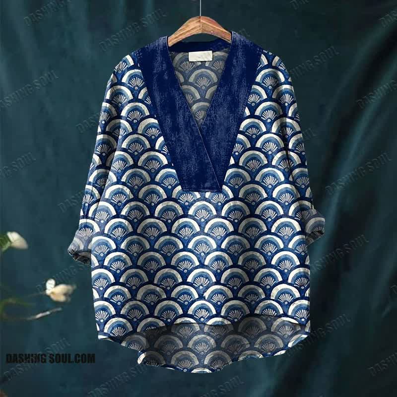 Japanese Traditional Style Printed Casual V-neck Shirt