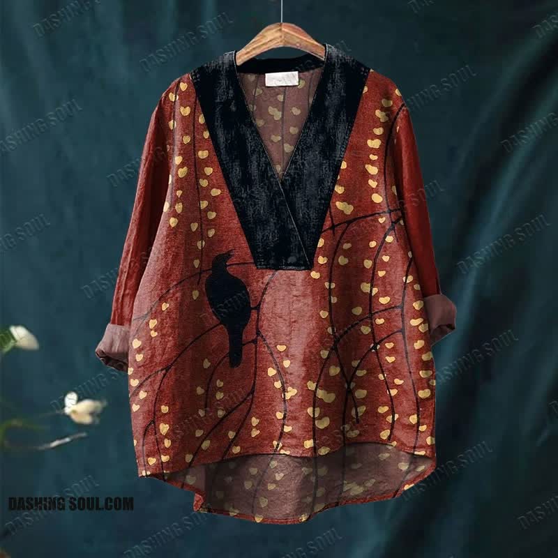 Japanese Style Flower Branch And Black Bird Printed Casual V-neck Shirt