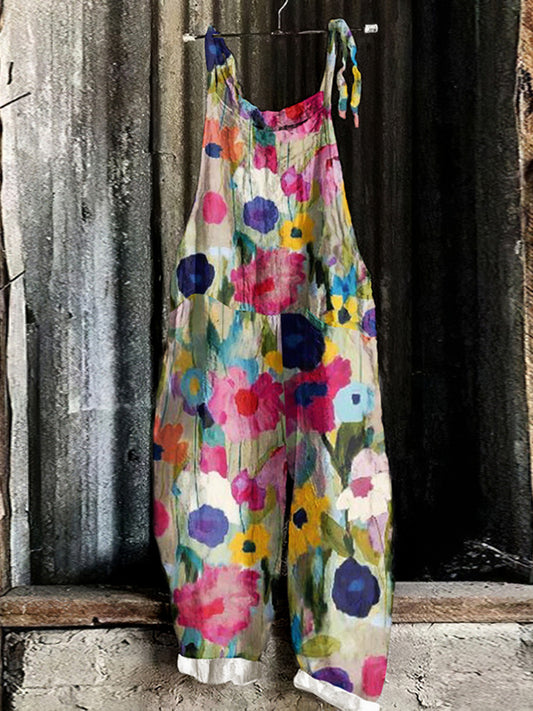 Vintage Colorful Floral Linen Blend Loose Casual Jumpsuit