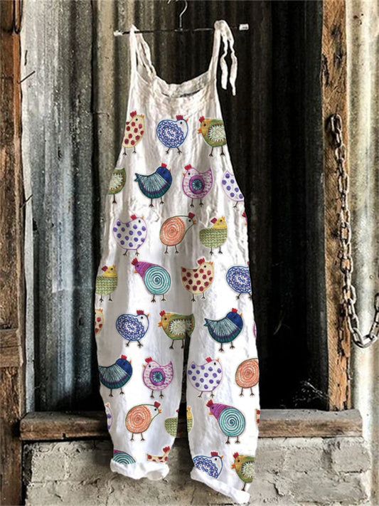 Colorful Farm Chicken Embroidery Pattern Jumpsuit